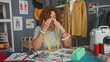 © Krakenimages.com - Woman dressmaker rubbing eyes with fingers over sketches at studio table with sewingmachine and measuringtape; fatigue.