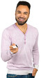 © fotofabrika - Man holds a card and smiles while standing against a plain background