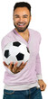 © fotofabrika - Man poses with a soccer ball, smiling and showing excitement for the sport in a cheerful indoor setting