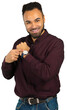© fotofabrika - Man points to his watch while wearing a maroon shirt and smiling at the camera
