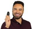 © fotofabrika - Man smiles and holds a car key fob in a well-lit indoor setting