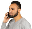 © fotofabrika - Man talking on a smartphone while looking serious in a light gray shirt