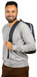 © fotofabrika - Smiling man with backpack wearing gray sweater stands for a photo