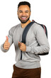 © fotofabrika - Person with a backpack giving a thumbs up while smiling against a white background