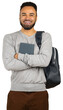 © fotofabrika - Young man standing with a backpack, holding a book and smiling at the camera