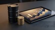 © Zahid - Oil Barrel Stacked Coins and Digital Tablet Displaying Financial Stock Chart