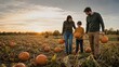 © AlenaSi - Family exploring pumpkin patch during autumn sunset, choosing pumpkins together in field. Autumn activities include picking pumpkins as family enjoys quality time outdoors.