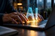 © olegganko - Hands Typing on Laptop with Tall Cyan AI Letters and Golden Keyboard Glow