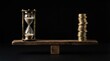 © Royal - A wooden balance scale is depicted with an hourglass on one side and a stack of gold coins on the other, symbolizing the balance between time and wealth.