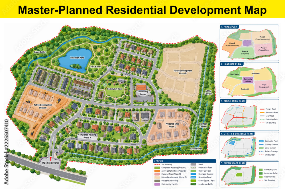 Residential Vector Graphics Master-planned residential development map showing various construction ...
