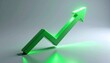 © Muroori - Minimalist 3D isometric glowing green financial stock market growth arrow pointing upwards on light background