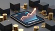 © YiuCheung - Digital tablet displays rising sales graph, surrounded by coins and cubes symbolizing financial growth.