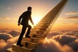 © Pete - Businessman climbs golden ladder towards bright sun in sky. Man in suit ascends stairs above white clouds at sunset. Concept of career success, motivation, reaching goals. Ambitious leader moves