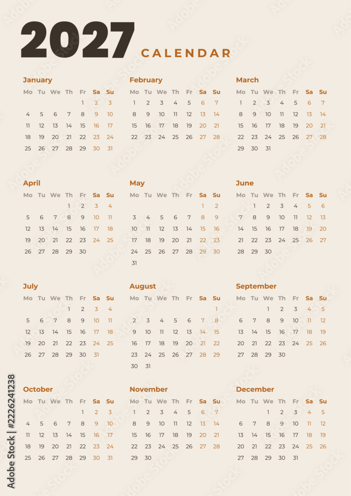 Stock-Vektorgrafik „2027 calendar template, year at a glance, week ...