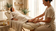 © Eduardo - Foot wellness treatment in a bright minimalist room, where a female therapist applies massage oil to a client’s foot with smooth movements and a calm, natural atmosphere.