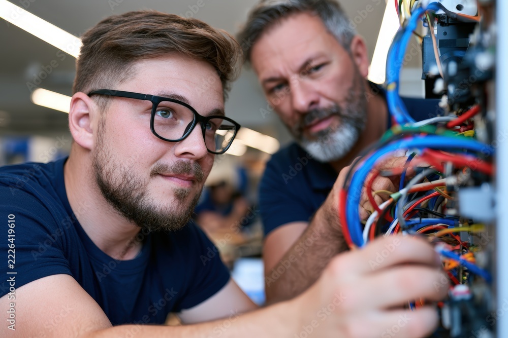 Stock-Foto „Young electrical apprentice arranging cables under ...