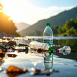 © SolaruS - Plastic bottles pollute a serene mountain river at sunset, evoking a somber feeling of environmental neglect. This powerful scene contains no people and serves as a call for conservation efforts.