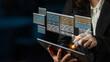 © InfiniteFlow - A business professional engages with a digital tablet, analyzing floating data and text in a sleek office setting, highlighting technological advancements in modern workflows. Ledger