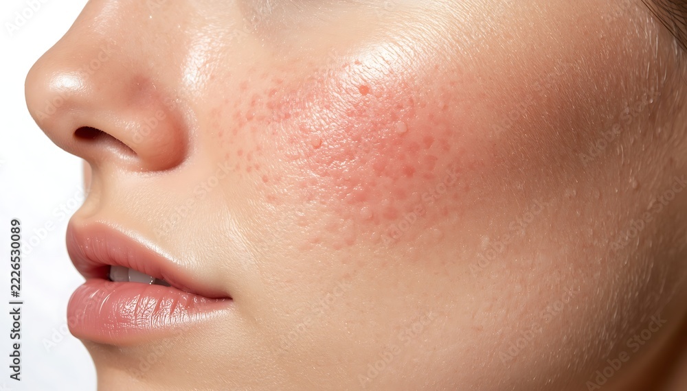 Skin condition close-up showing red acne spots and facial irritation ...