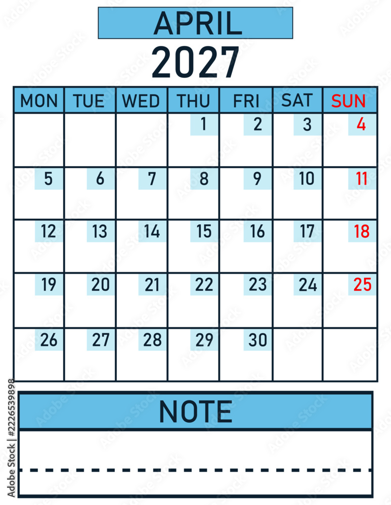 Vector de Stock new year calendar vector, april 2027 monthly calendar ...