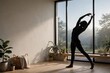 © Biantara Projects - Silhouette of a woman doing a yoga stretch in a minimalist room at dawn