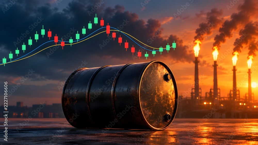 Industrial petroleum barrel with background oil refinery flares and ...