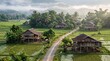 © Pollawat - Peaceful Rural Village Scenery with Traditional Stilt Houses and Rice Paddies