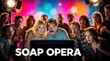 © miss irine - Group of actors, crew look shocked at monitor on film set. Cast members react with intense drama during soap opera production. Pro camera crew work behind scenes in studio with colorful lights, movie
