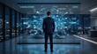 © Wei - Businessman observing AI neural network visualization on large display, machine learning algorithms, data flow, network topology, deep learning concepts, artificial intelligence