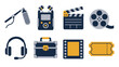 © Bundi - Set of flat media production icons arranged in two rows featuring a microphone audio recorder clapperboard film reel headphones equipment case filmstrip and ticket