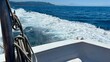 © Olshanetskaia - View from a boat moving across deep blue sea, leaving a foamy white wake behind, with thick ropes along the side, distant mountains on the horizon and a clear blue sky on a sunny day