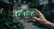 © Undersea - Caucasian male hand holding transparent digital tablet displaying three glowing green financial icons