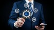 © Rajmina - Businessman examining artificial intelligence gears with magnifying glass against dark background