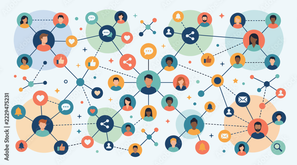 Social media network diagram showing interconnected user profile ...
