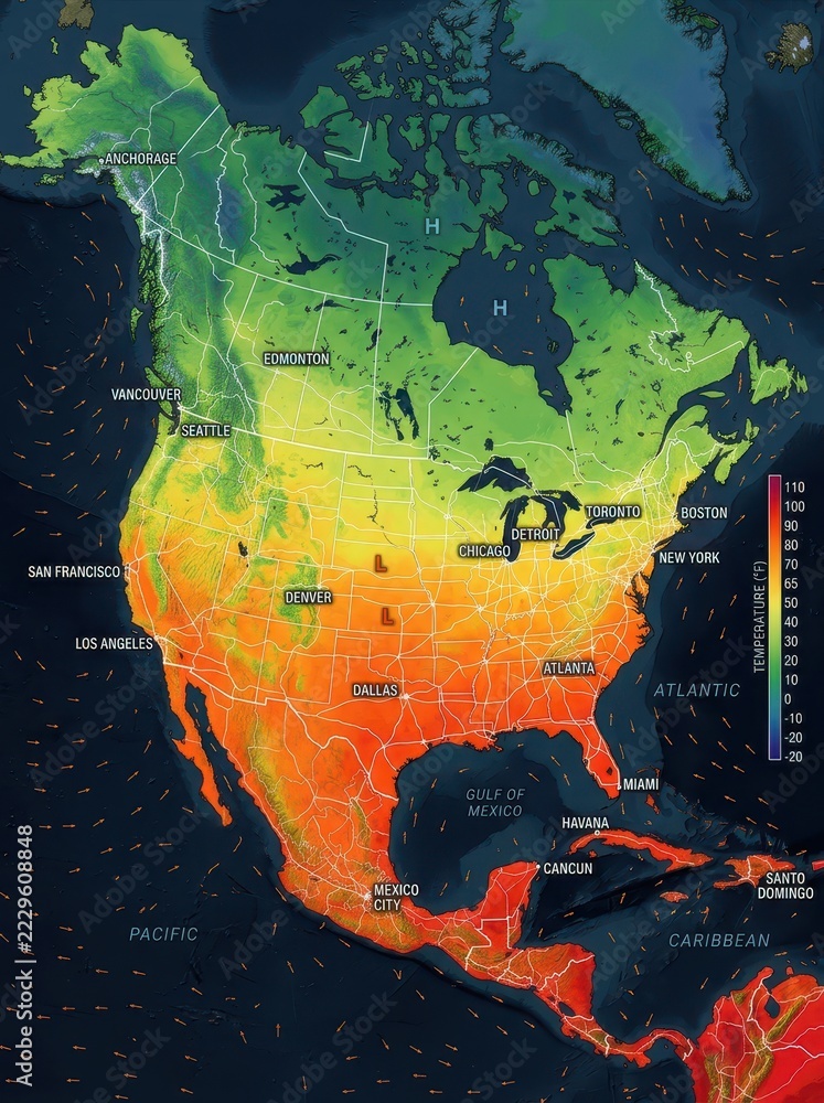 Detailed Meteorological Map of North America Showing Temperature Heat ...