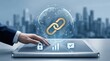© Jiayi - Hand touching tablet screen with global blockchain link icon and security data charts floating above against blurred city skyline background representing digital finance and