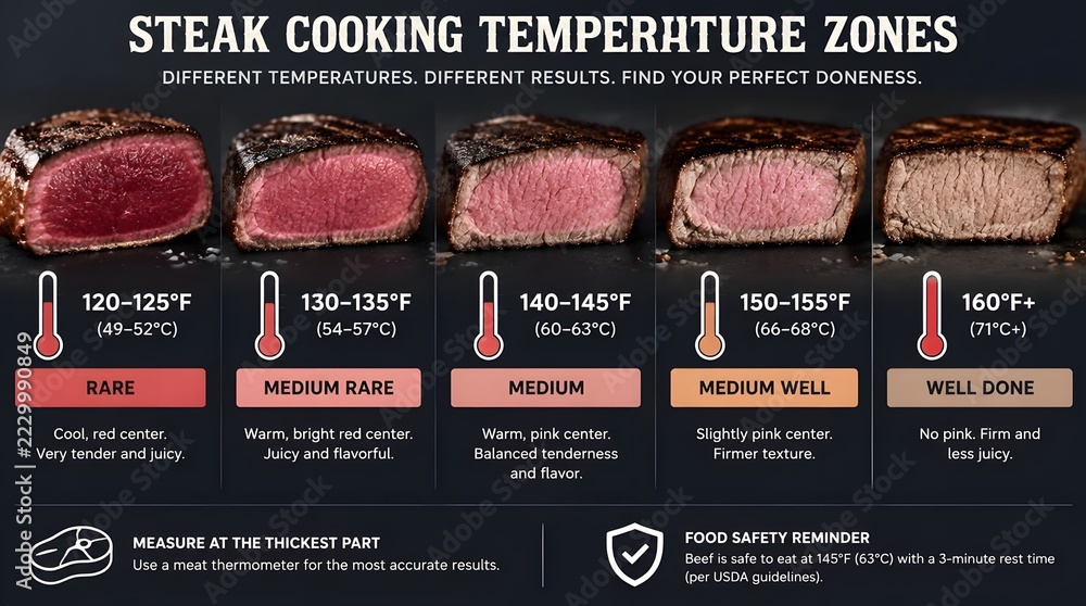 Steak Ranges For Cooking Steak Cooking Temperature Guide and Doneness Chart Stock Photo | Adobe ...