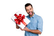 © deagreez - Close up photo amazing he him his guy romance surprise hold big large gift box scream shout yell girlfriend best boyfriend wear casual jeans denim shirts outfit clothes isolated grey background