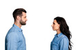 © deagreez - Profile side view photo of confident inspired isolated person people having talk speaking dialogue thoughts isolated on silver background wearing denim casual beautiful outfit