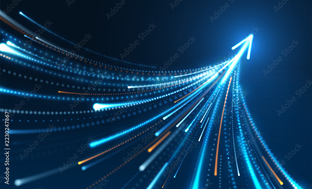 Abstract blue arrow growth background. Light particle trails ...