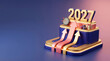 © Luffy - New Year Goals 3D Calendar and Trophy on Stairs with Copy Space