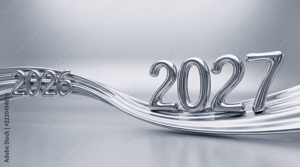 Metallic 2026 flows into 2027 on a reflective wavy silver ribbon. Stock ...