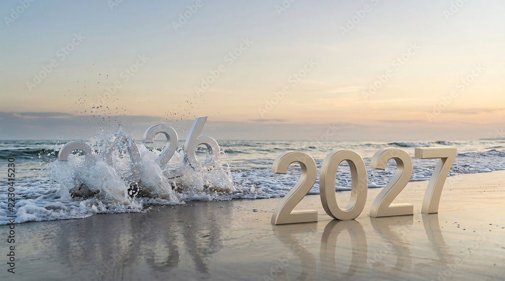 Photo Stock New year 2027 numbers standing on beach, ocean waves ...