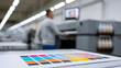 © A2Z AI  - Industrial offset press machine print shop factory production line commercial job shop interior worker paper sample color proof swatch test