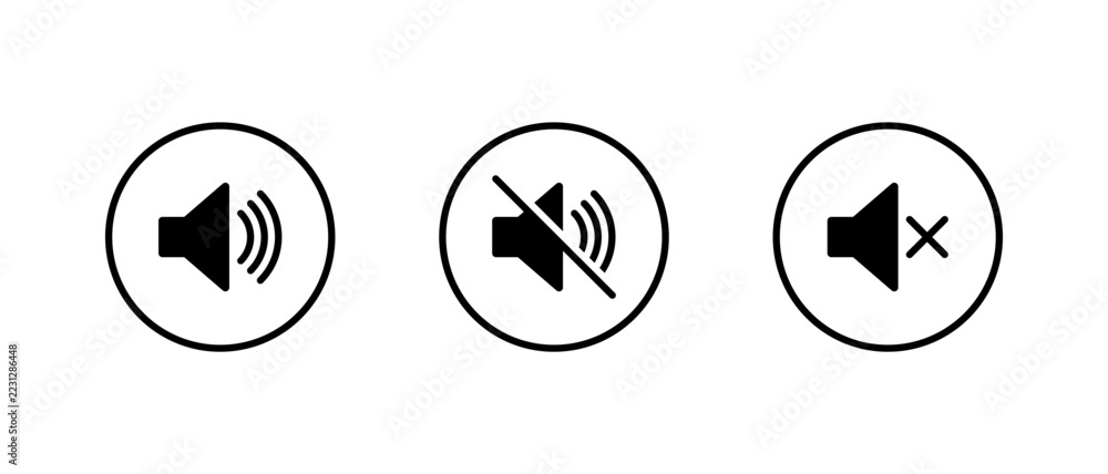 Less Audio Symbol Speaker and mute volume icon in circular outline. Sound and no audio ...
