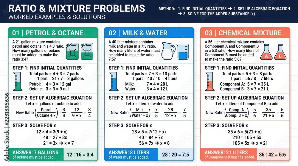 Ratio and mixture problems worked examples showing algebraic equations ...