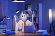 © Pixel-Shot - Overworked and stressed employee in ghost costume, burnout and office humor, halloween work culture and late night productivity
