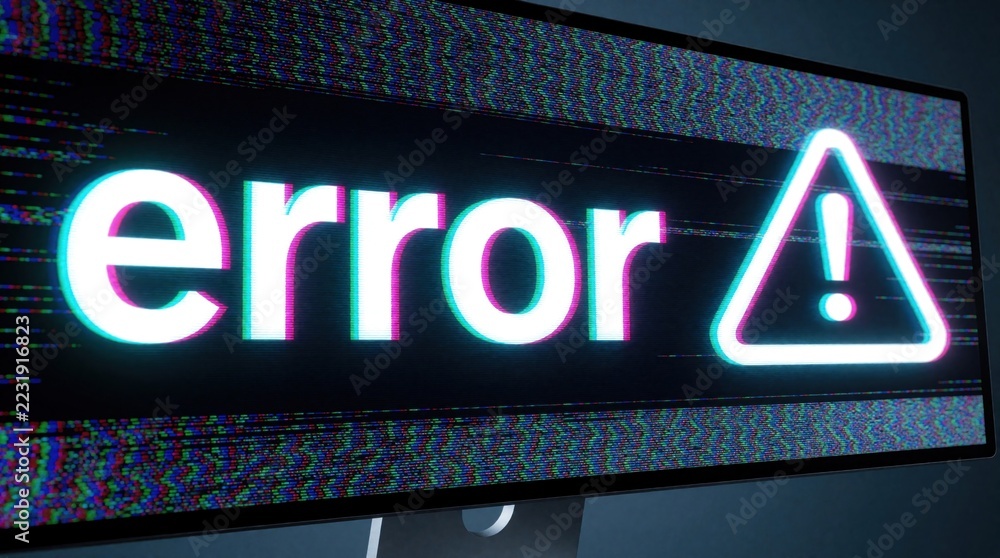 Computer monitor shows big error warning message on screen. Glitch ...