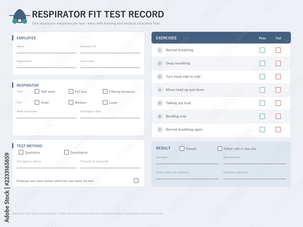 Respirator fit test record form with exercises and results Stock Vector ...