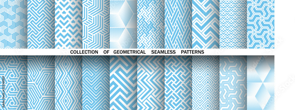 เวกเตอร์ Stock Geometric set of seamless blue and white patterns ...